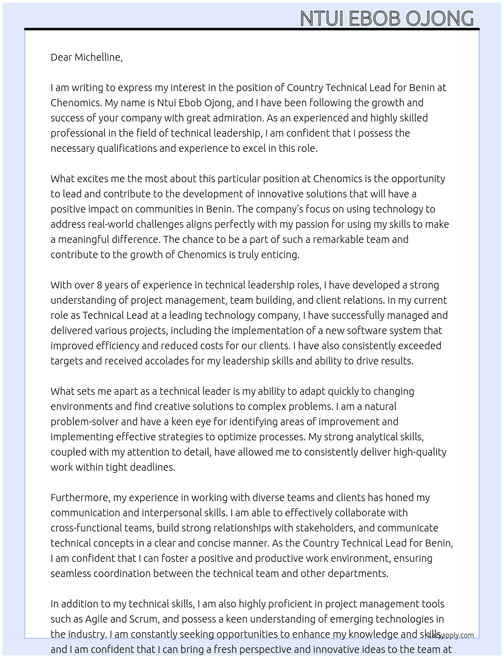 Cover letter for country technical lead for benin - LazyApply