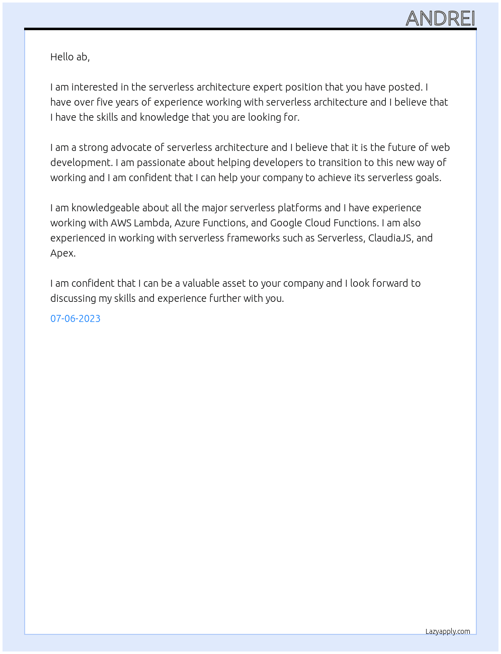 serverless architecture expert At ab Cover Letter