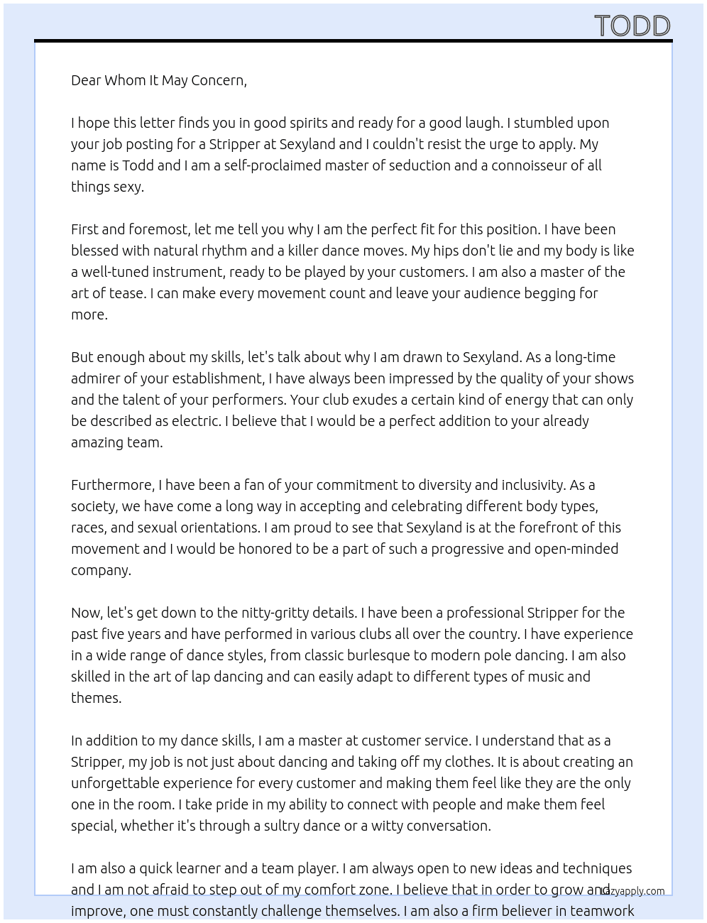 Stripper At Sexyland Cover Letter