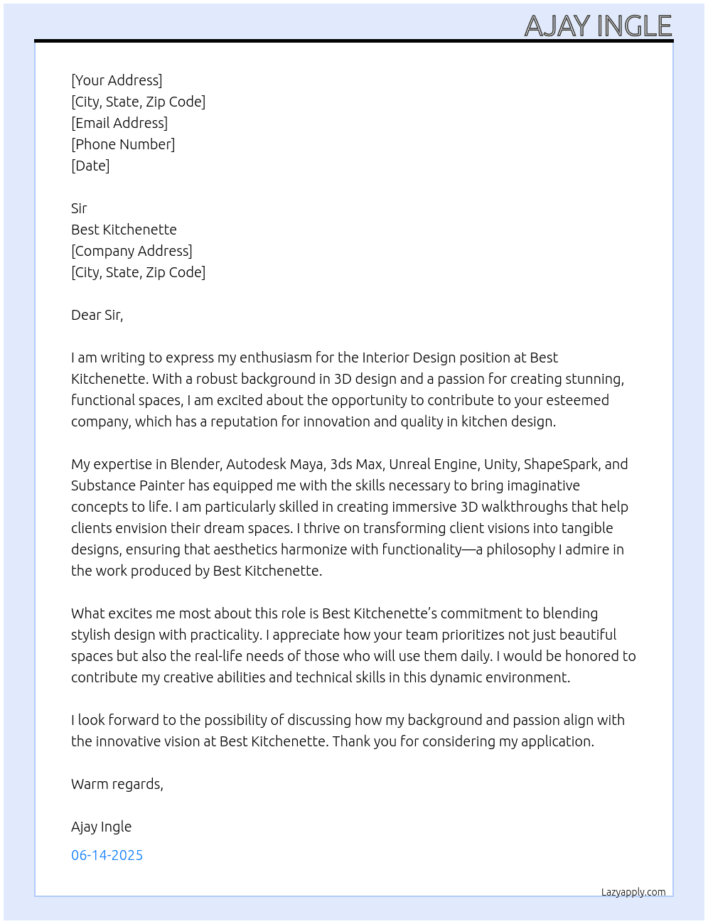Interior design  At Best kitchenette  Cover Letter