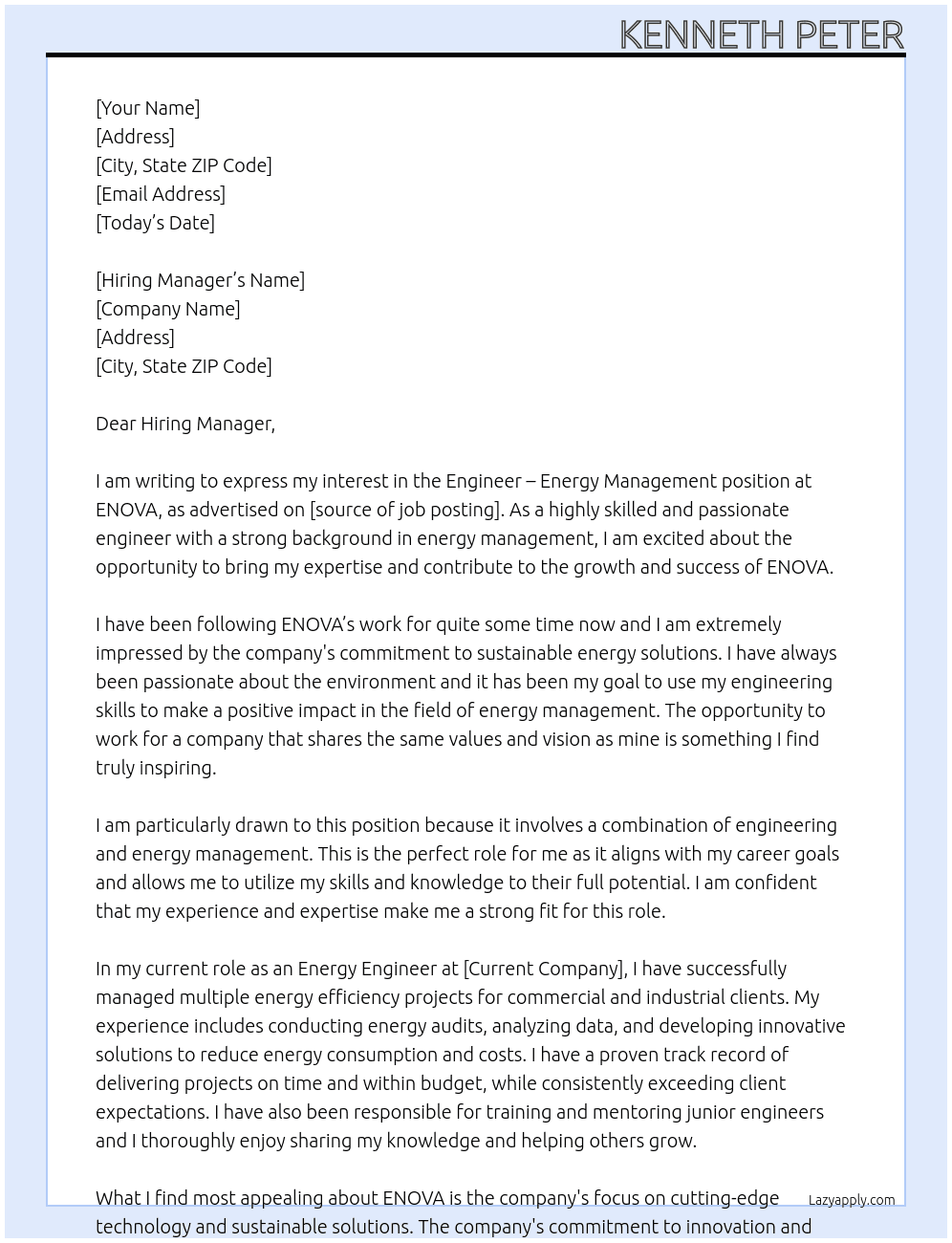Engineer - energy management At ENOVA Cover Letter