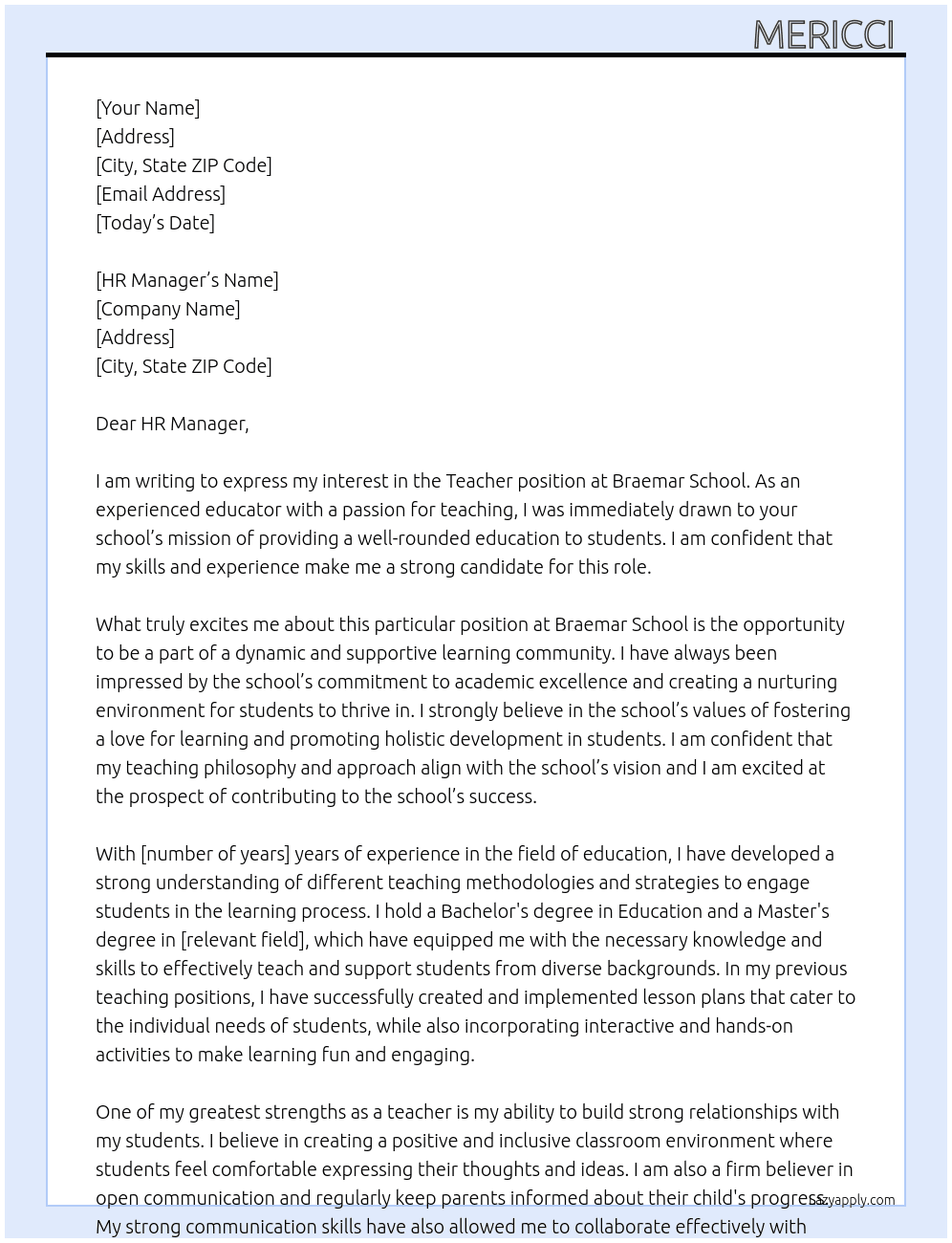 Teacher At Braemar School Cover Letter