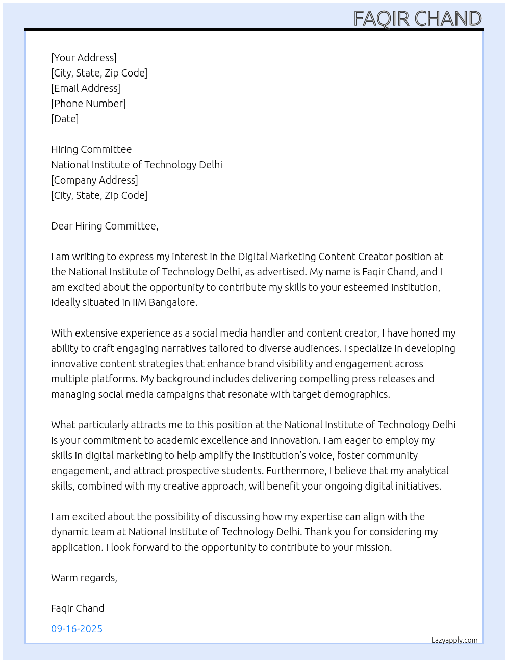 Digital Marketing Content Creator At National Institute of Technology Delhi Cover Letter