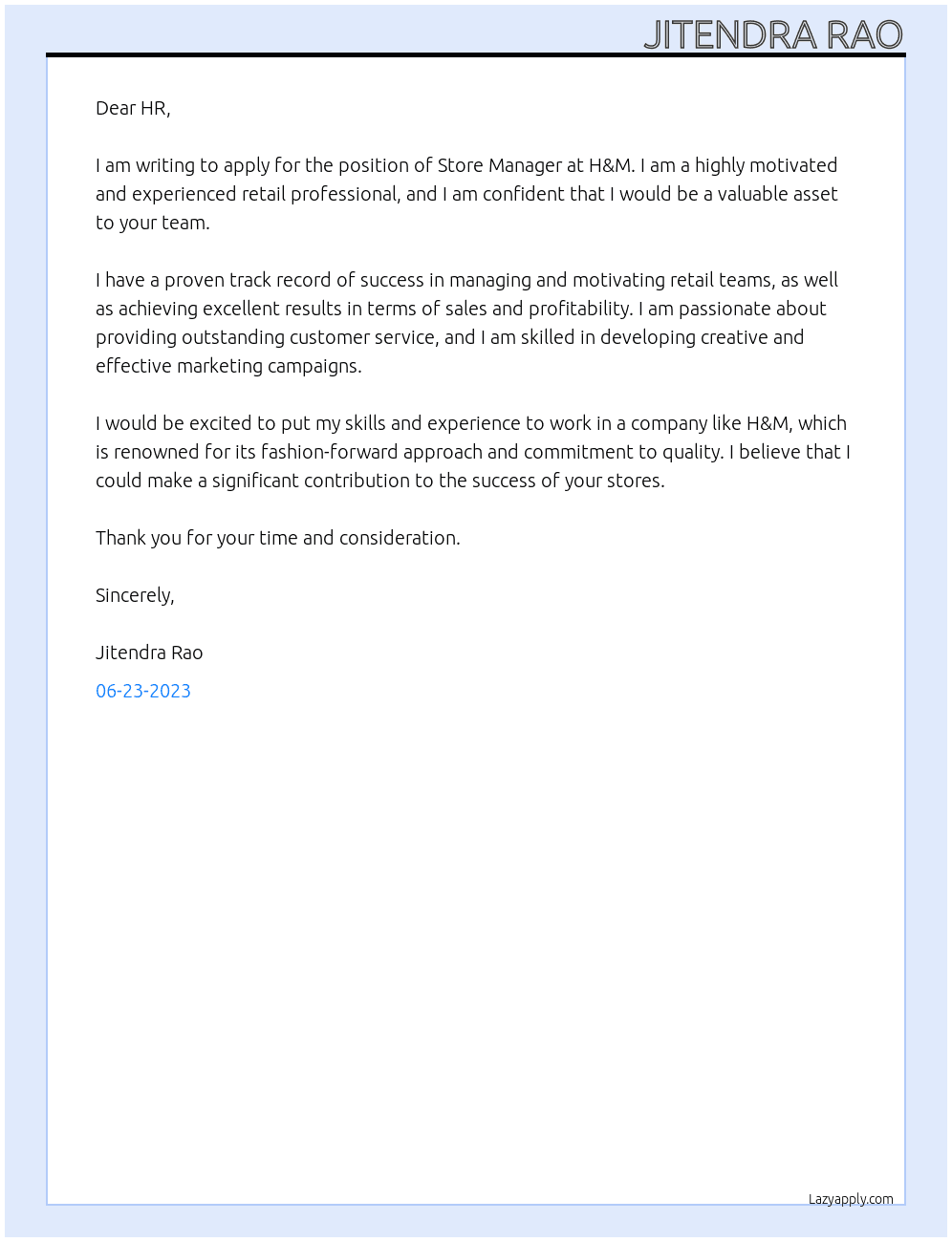 STORE MANAGER At H&M Cover Letter