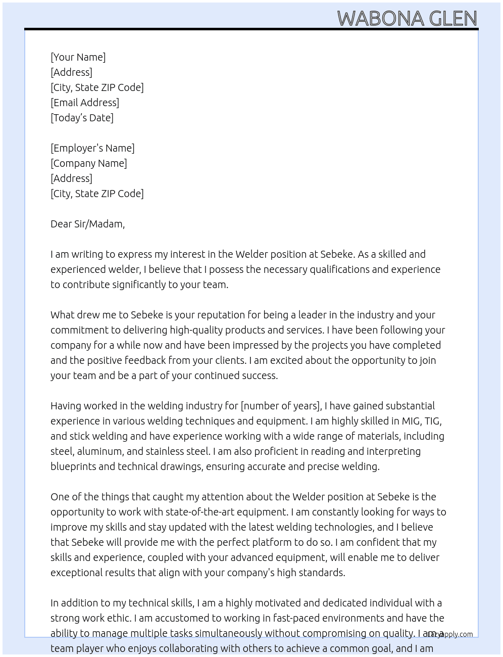 Welder At Sebeke Cover Letter
