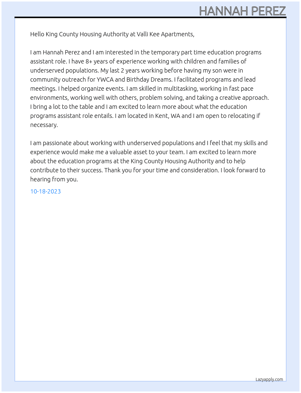 Education Programs Assistant At King County Housing Authority at Valli Kee Apartments Cover Letter