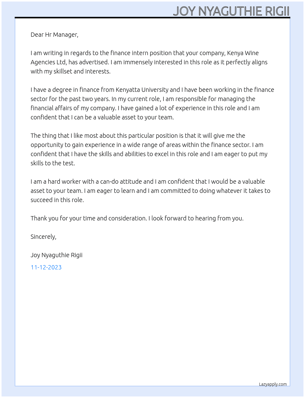 Finance Intern At Kenya Wine Agencies Ltd Cover Letter