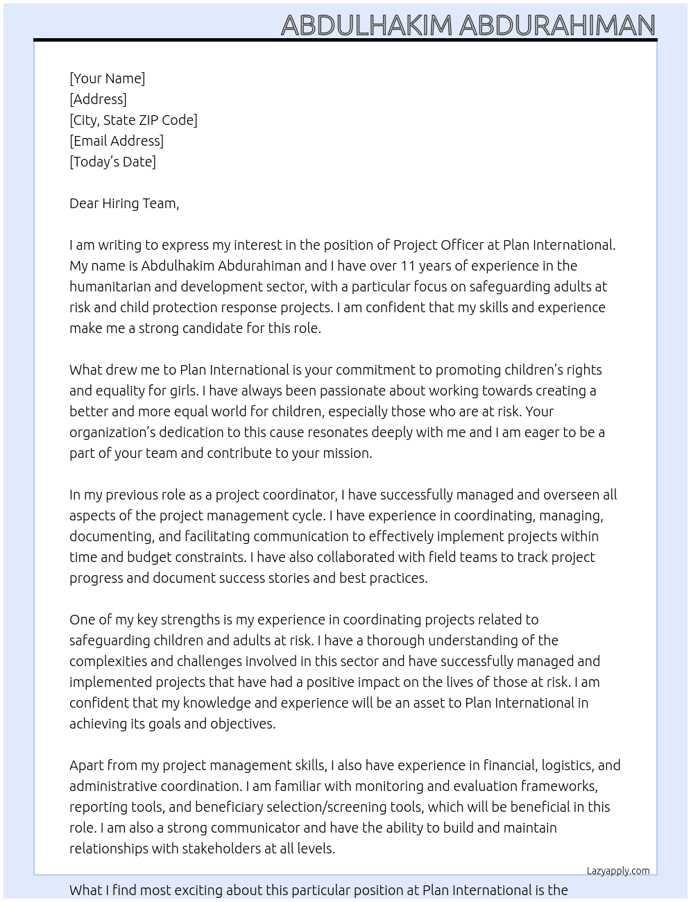Project Officer At Plan International  Cover Letter