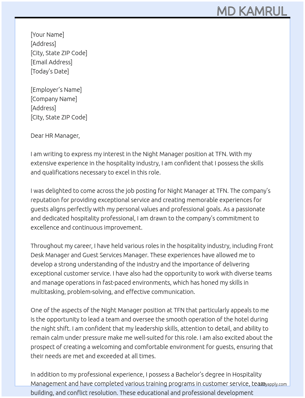 Night Manager  At TFN Cover Letter