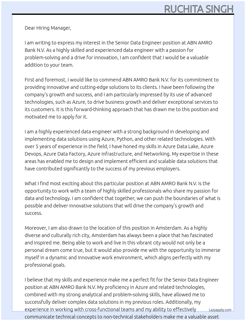 Senior Data Engineer At ABN AMRO Bank N.V. Cover Letter