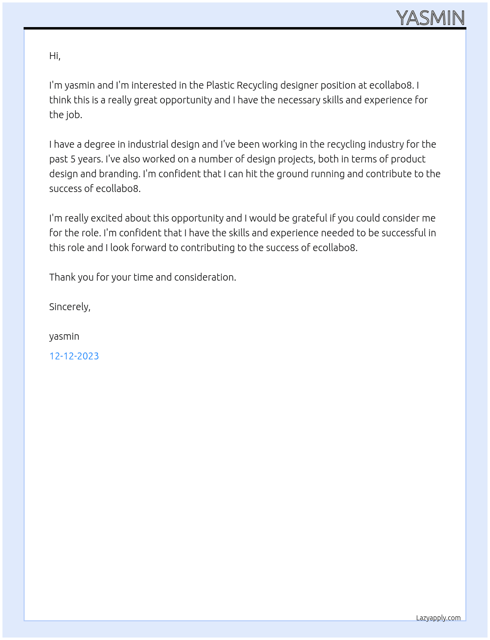 Plastic Recycling designer At ecollabo8 Cover Letter