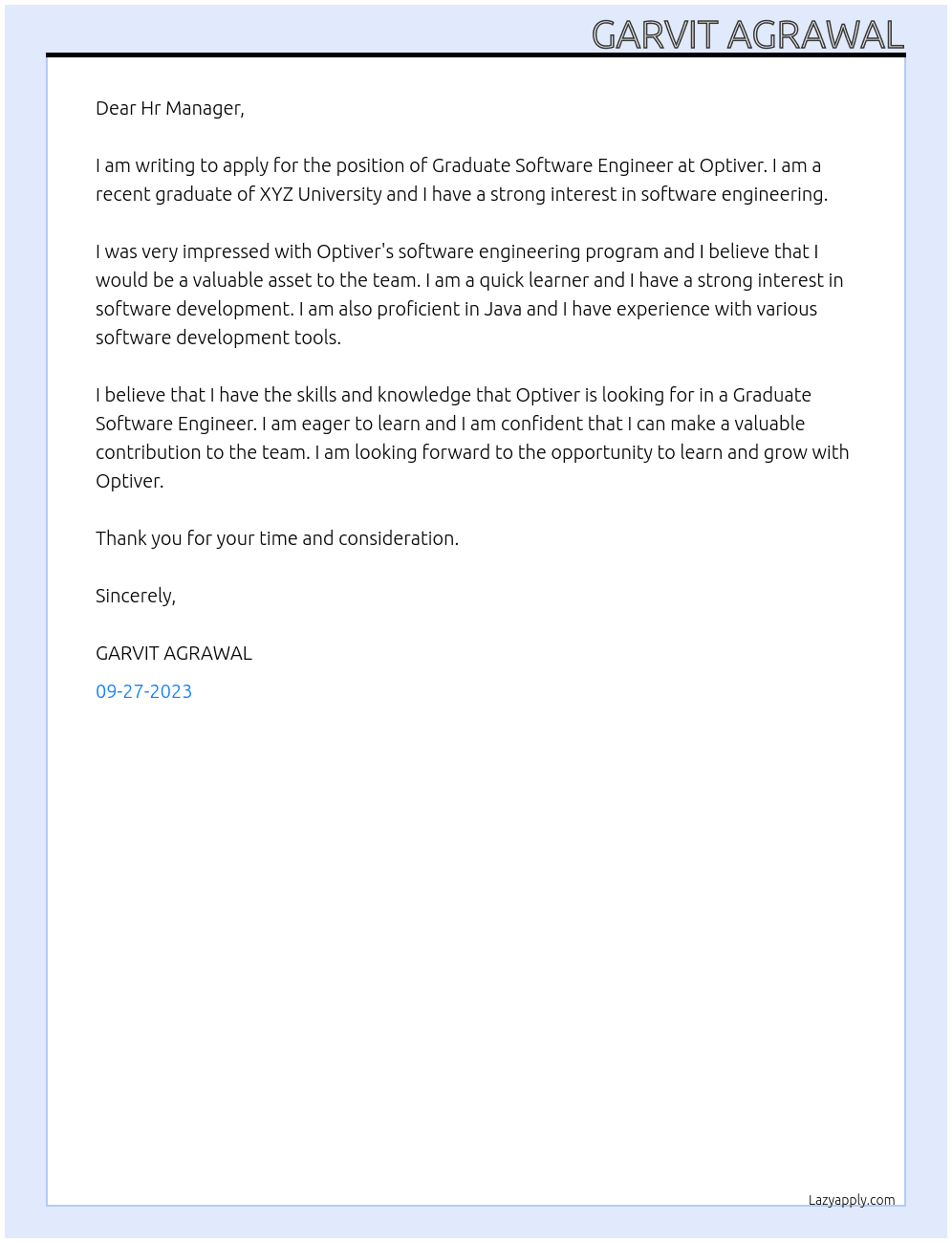 Graduate Software Engineer At Optiver Cover Letter