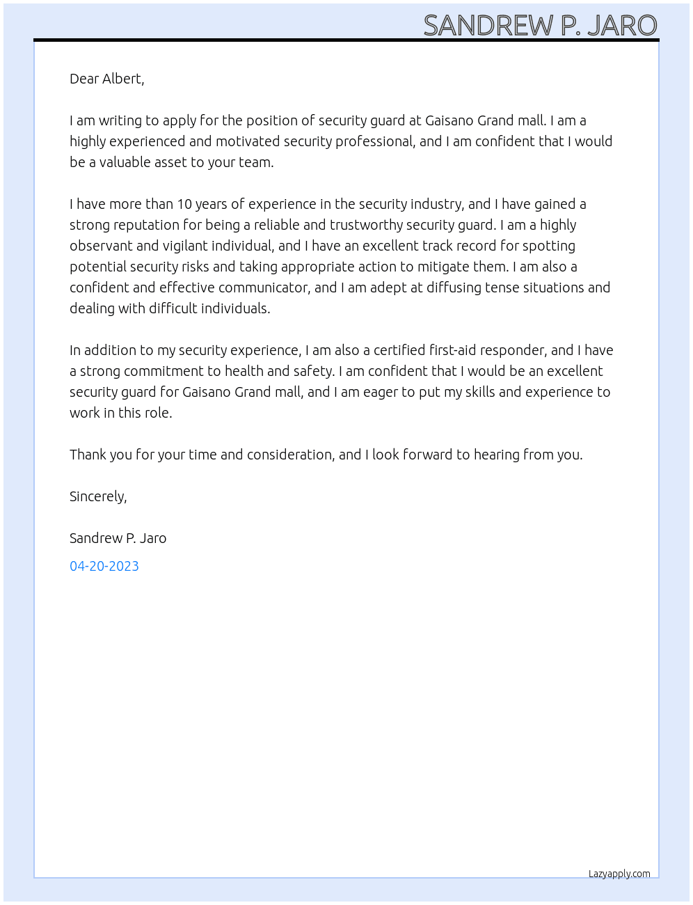 Security guard  At Gaisano Grand mall  Cover Letter