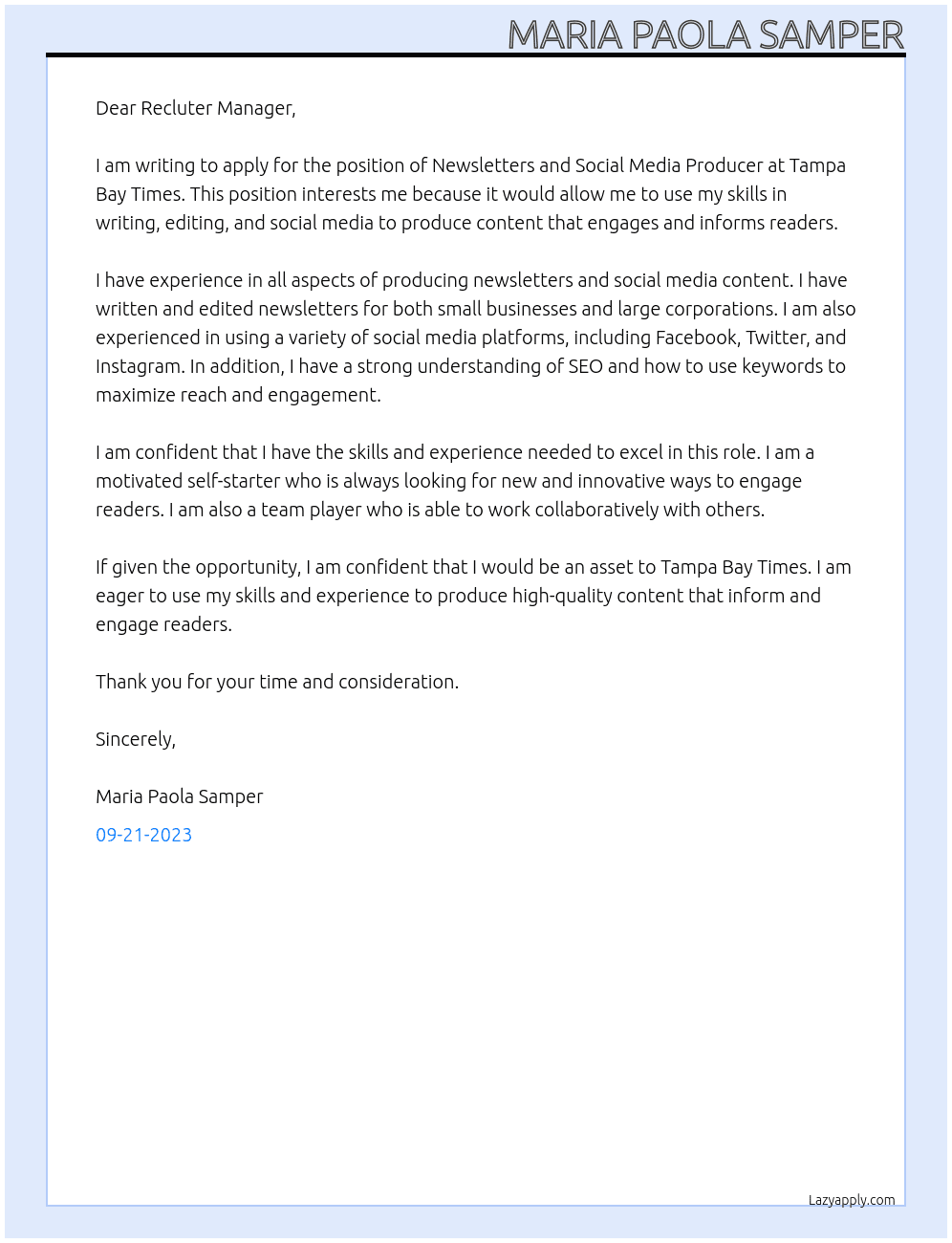 Newsletters and Social Media Producer At Tampa Bay Times Cover Letter