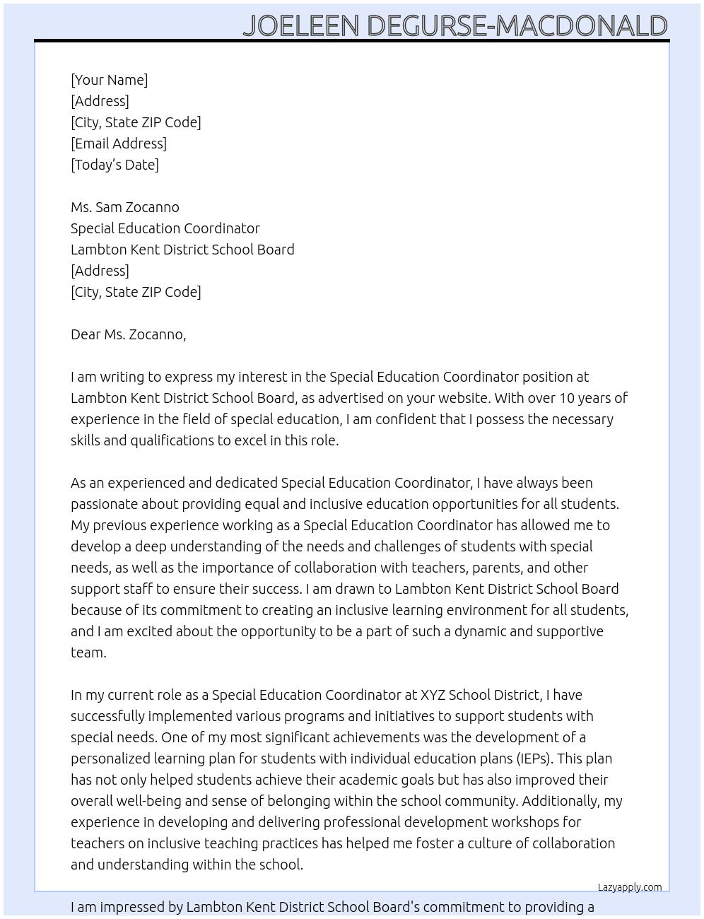 Special Education Coordinator At Lambton Kent District School Board Cover Letter