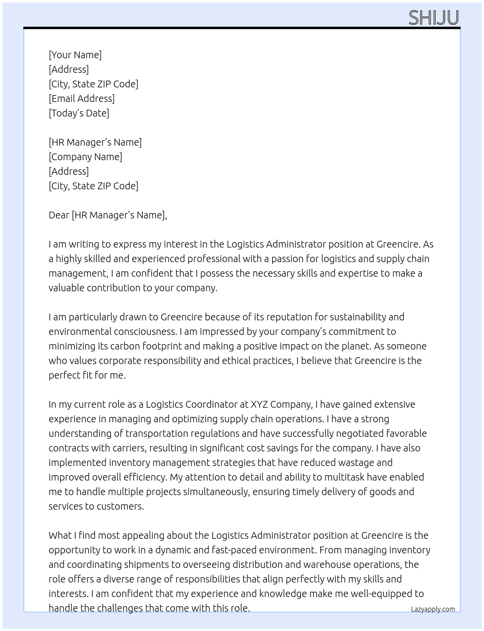 LOGISTICS ADMINISTRATOR At GREENCIRE Cover Letter