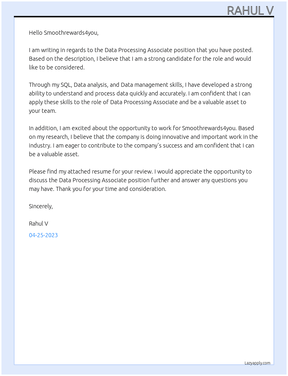 Data Processing Associate  At Smoothrewards4you Cover Letter