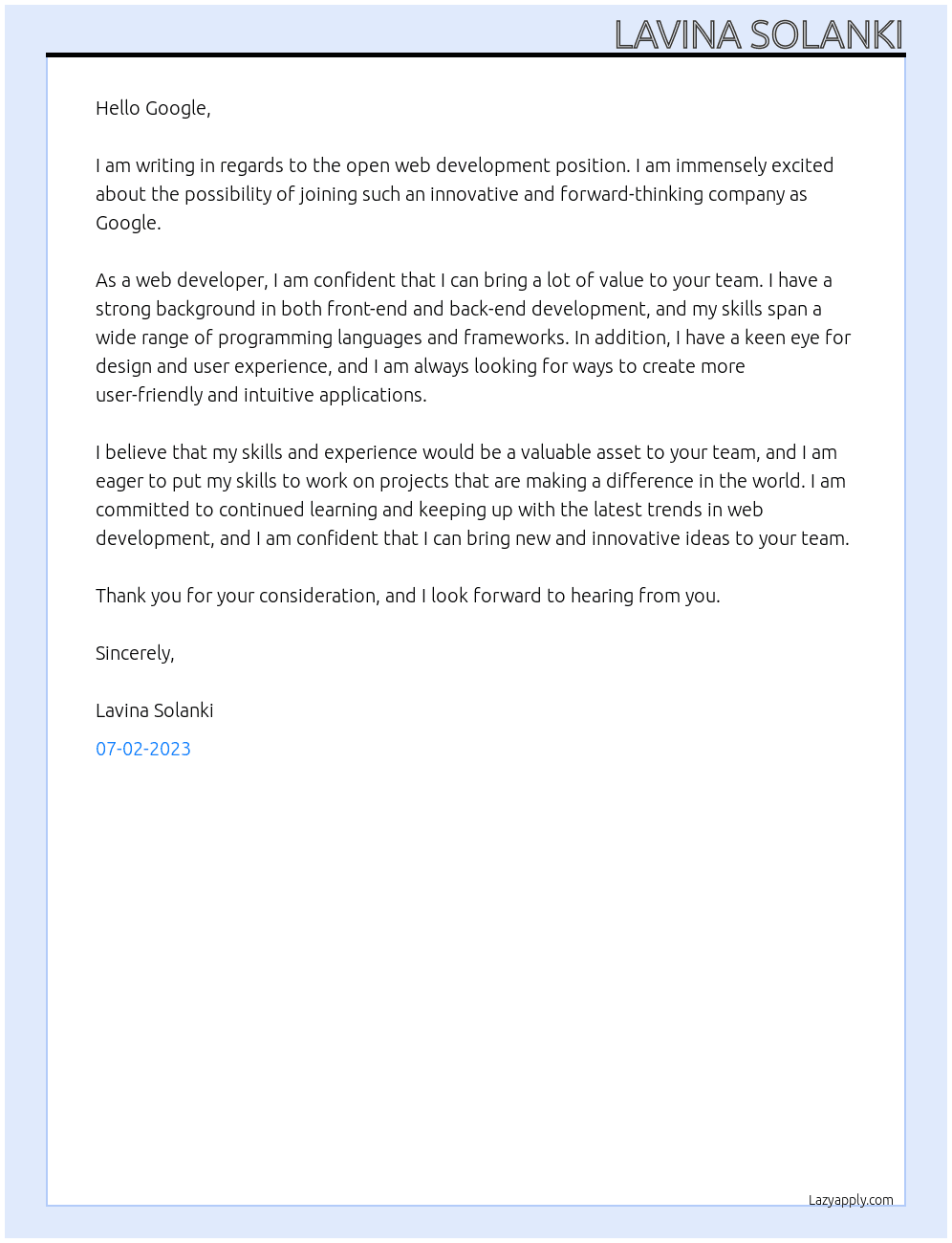 web development At google Cover Letter