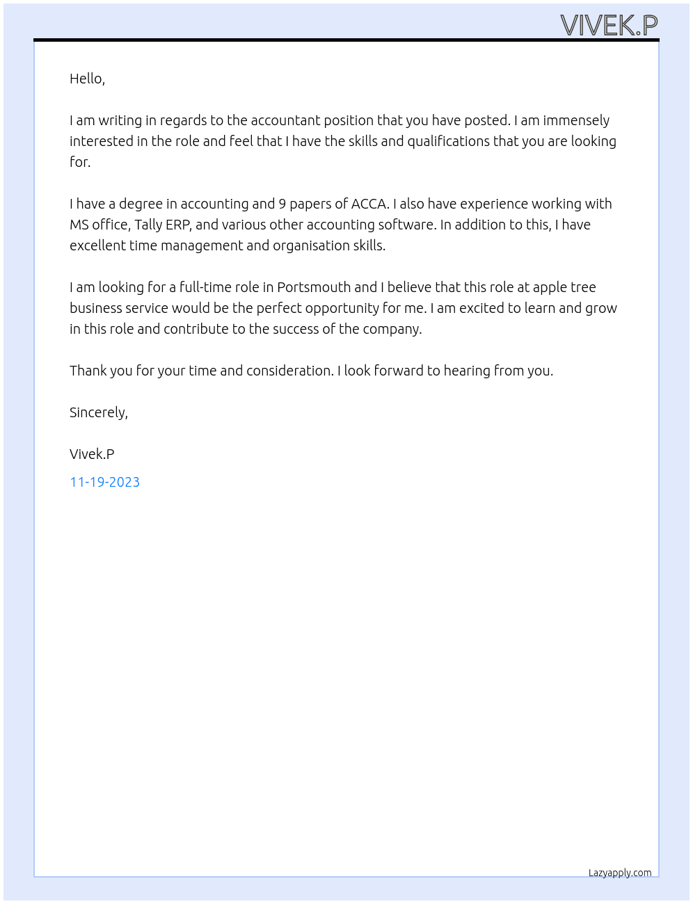 Accountant At apple tree business service Cover Letter