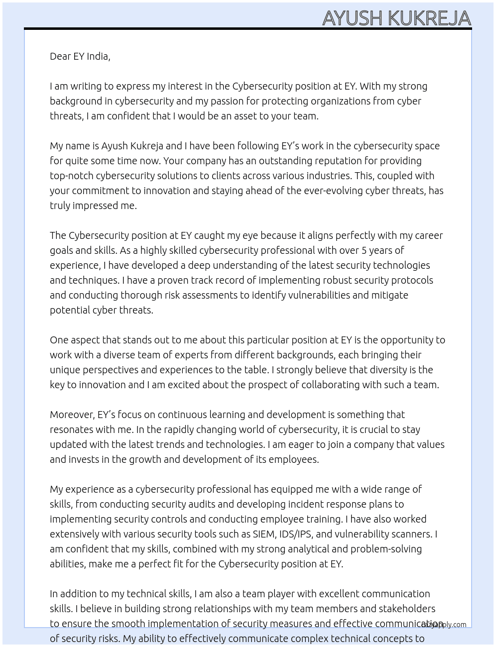 Cybersecurity At EY Cover Letter