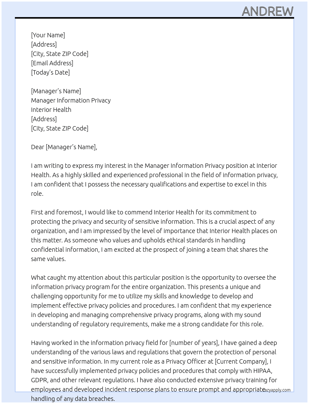 Manager Information Privacy At Interior Health Cover Letter