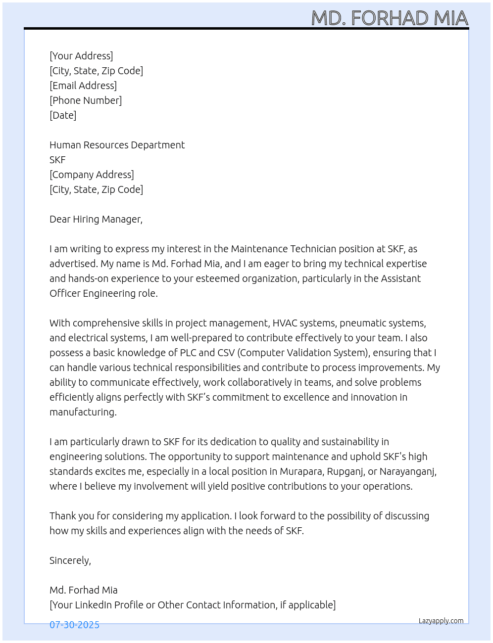 Maintenance Technician At skf Cover Letter