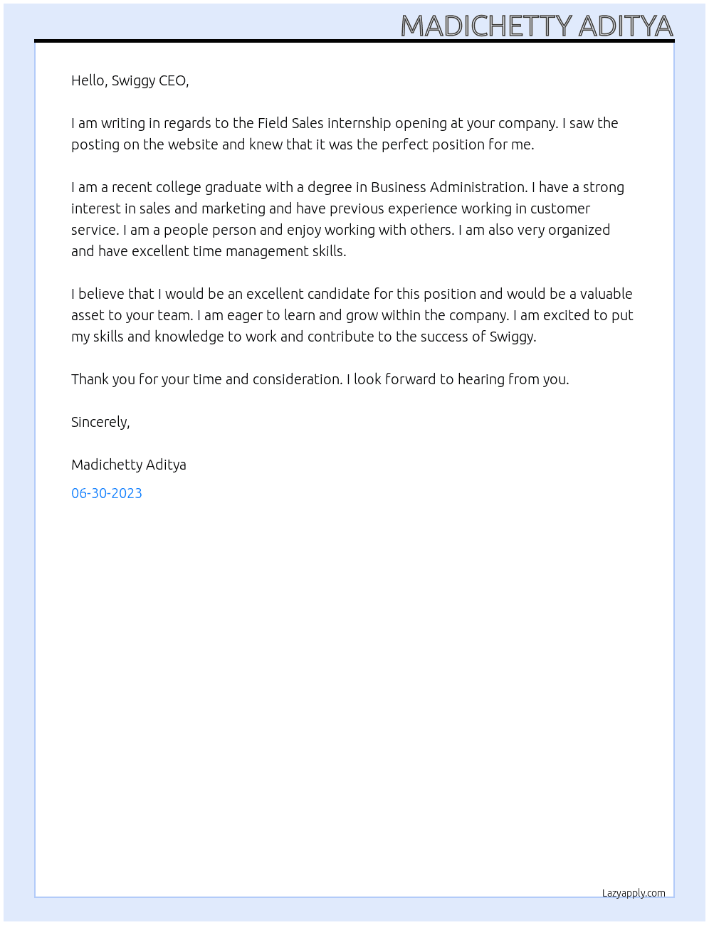 Field Sales internship At swiggy Cover Letter