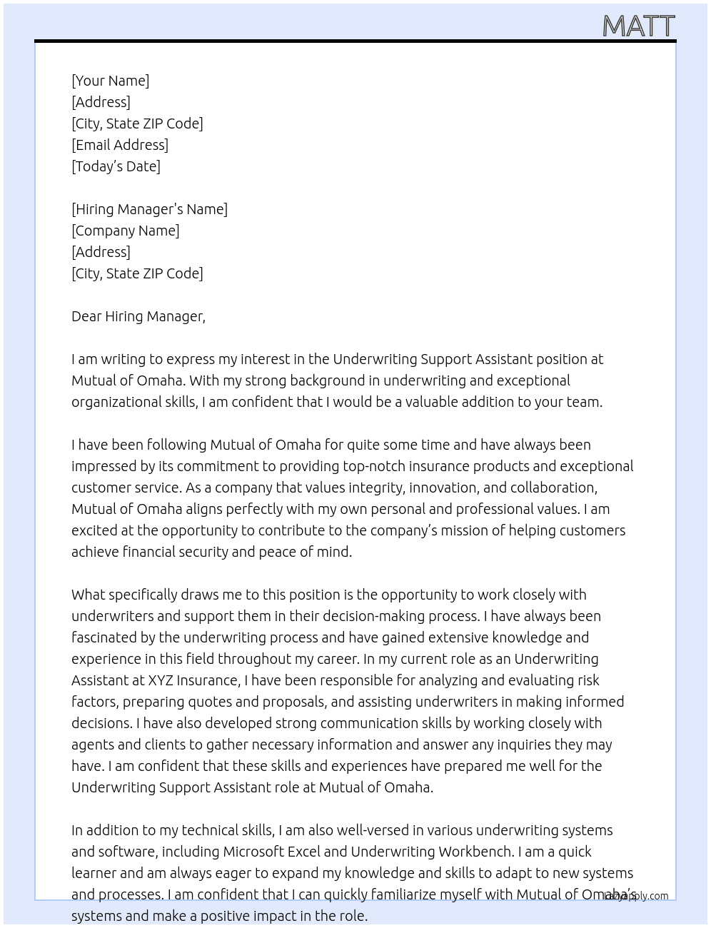 Underwriting Support Assistant At Mutual of Omaha Cover Letter