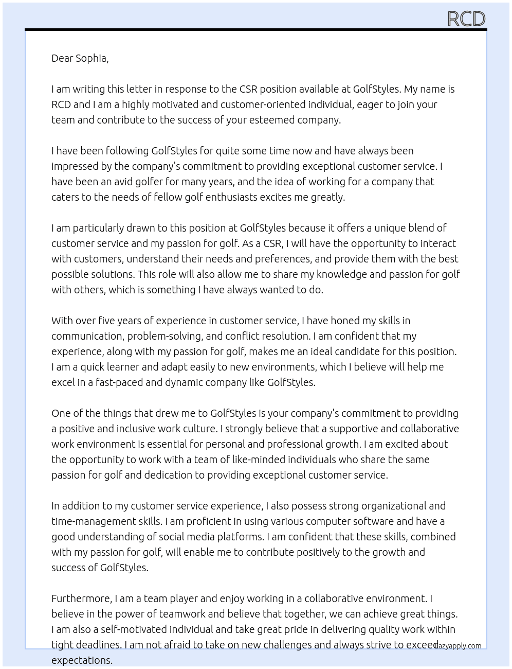 csr At golfstyles Cover Letter