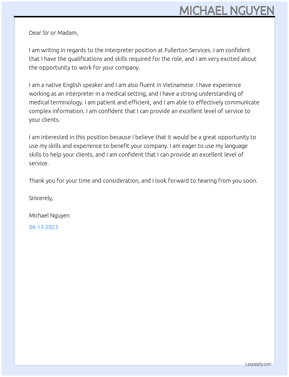 Interpreter At fullerton services Cover Letter