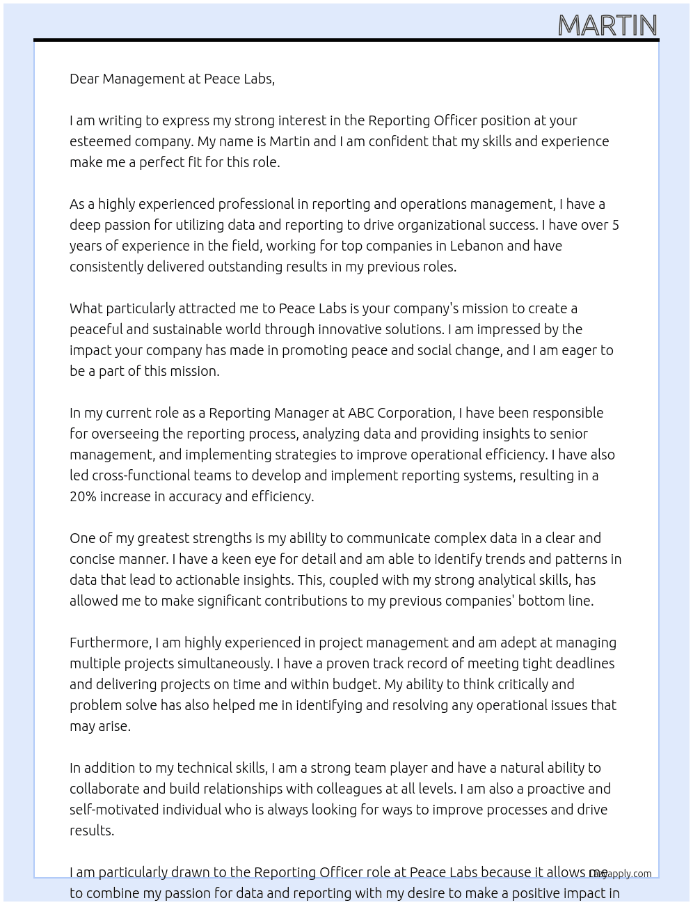 Reporting officer At peace labs Cover Letter