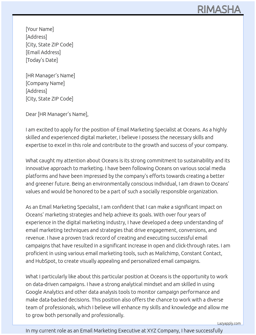 email marketing specialist  At Oceans Cover Letter