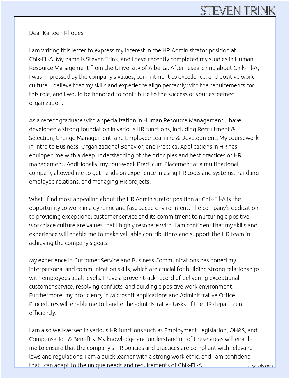 HR administrator At Chik-Fil-A Cover Letter