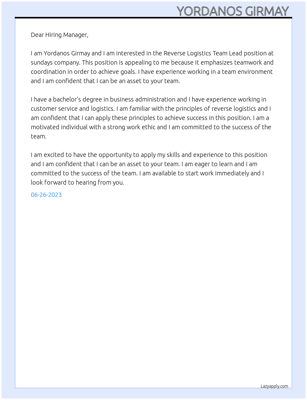 Reverse Logistics Team Lead At sundays company  Cover Letter