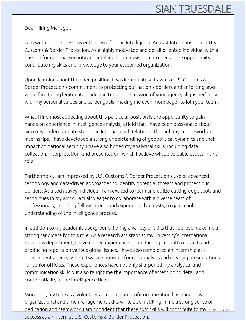 Intelligence Analyst Intern  At U.S. Customs & Border Protection Cover Letter