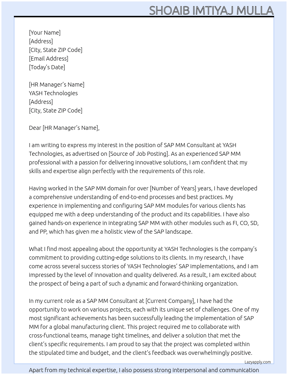 SAP MM COnusersultant/ end  At YASH Technologies Cover Letter