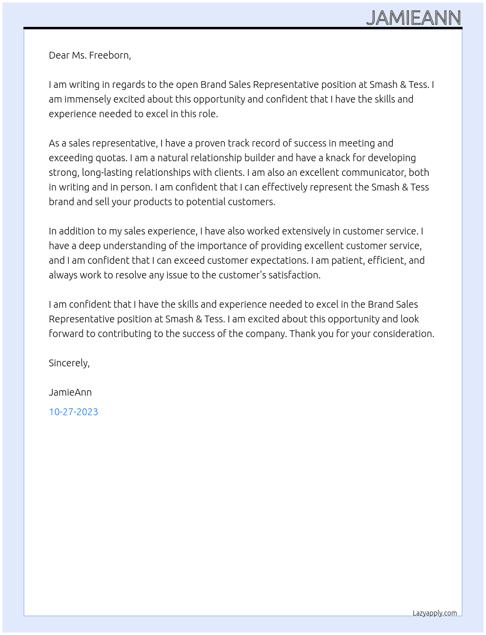 Brand Sales Representative At Smash & Tess Cover Letter
