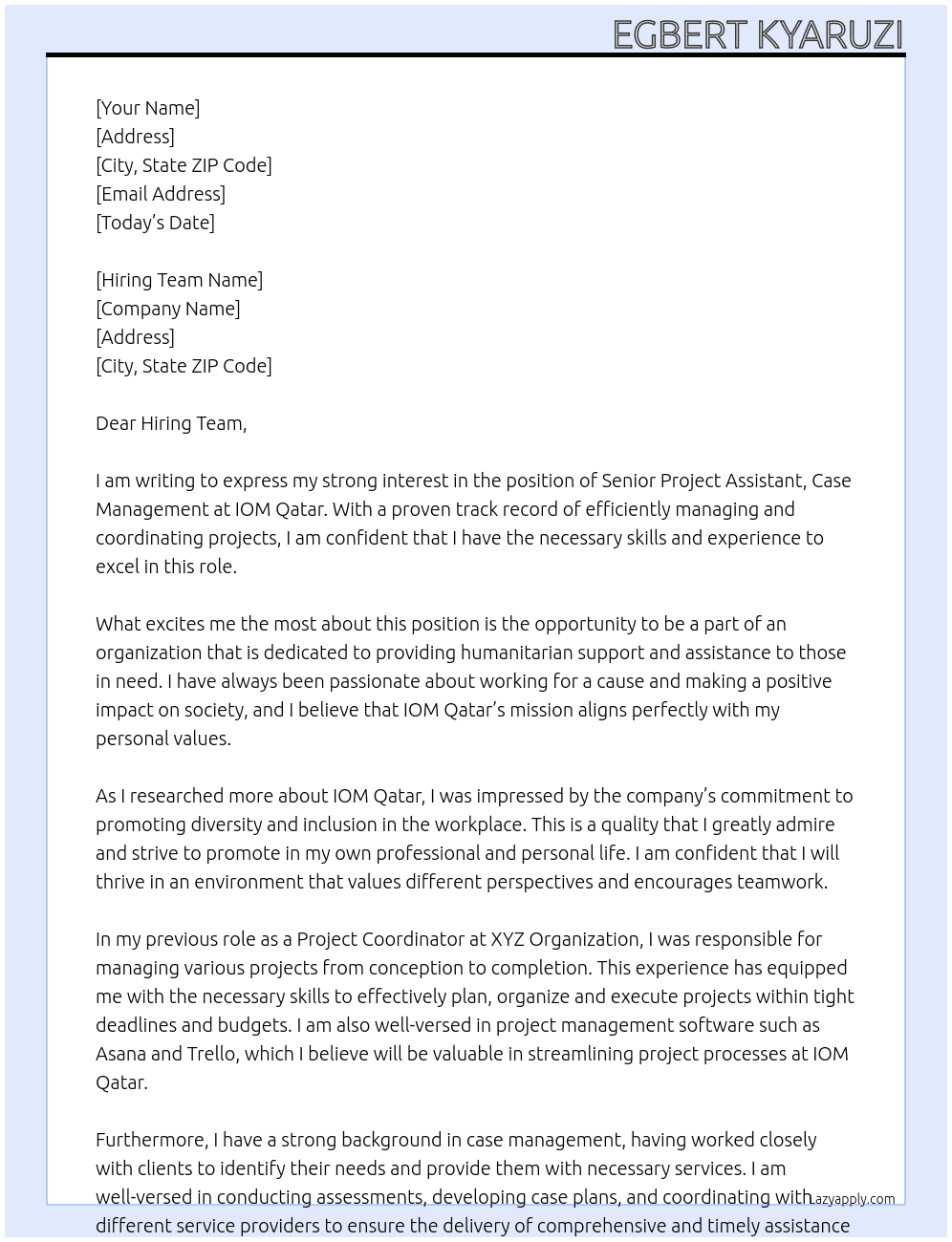 Senior Project Assistant, Case Management At IOM Qatar  Cover Letter