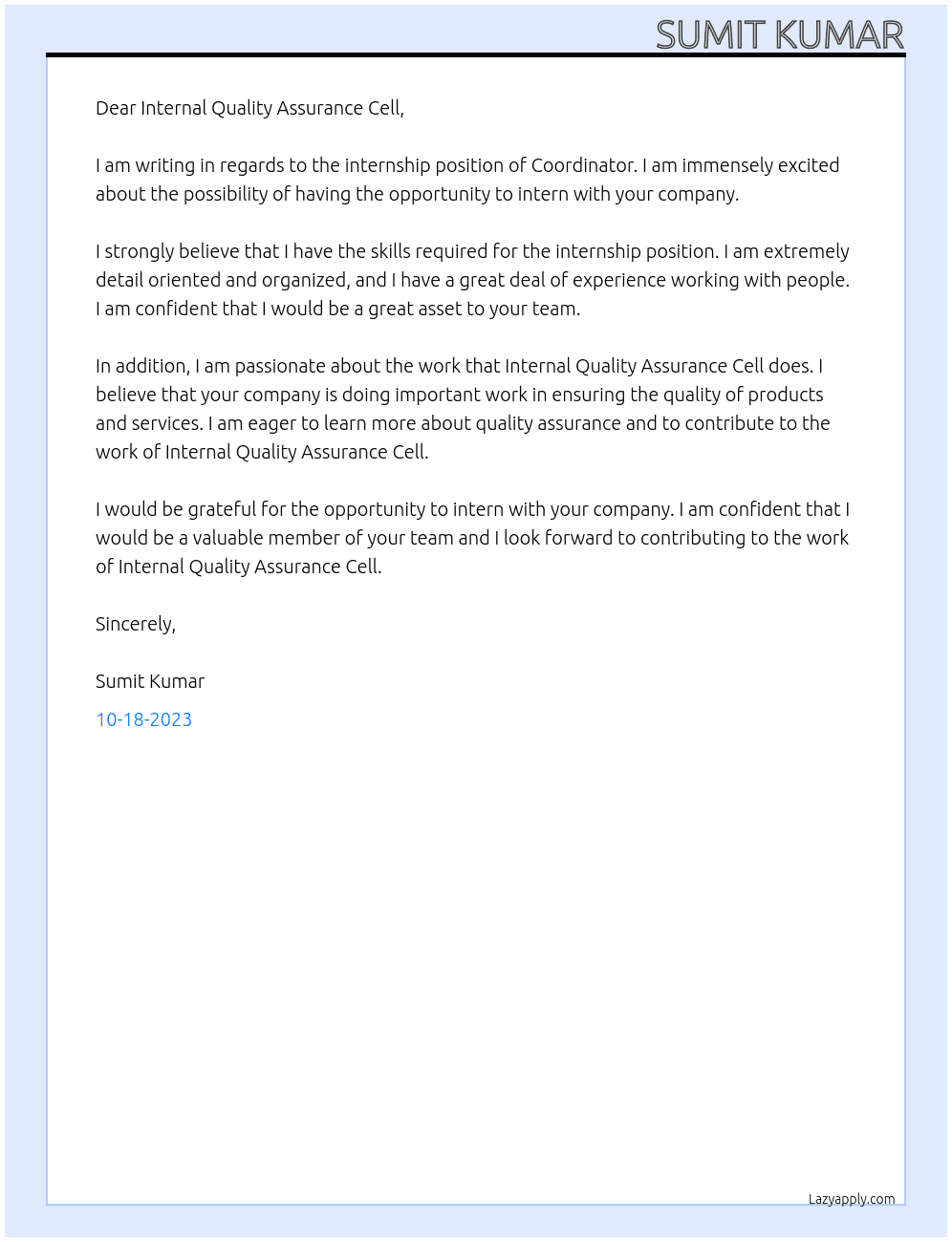 Internship At Internal Quality Assurance Cell Cover Letter