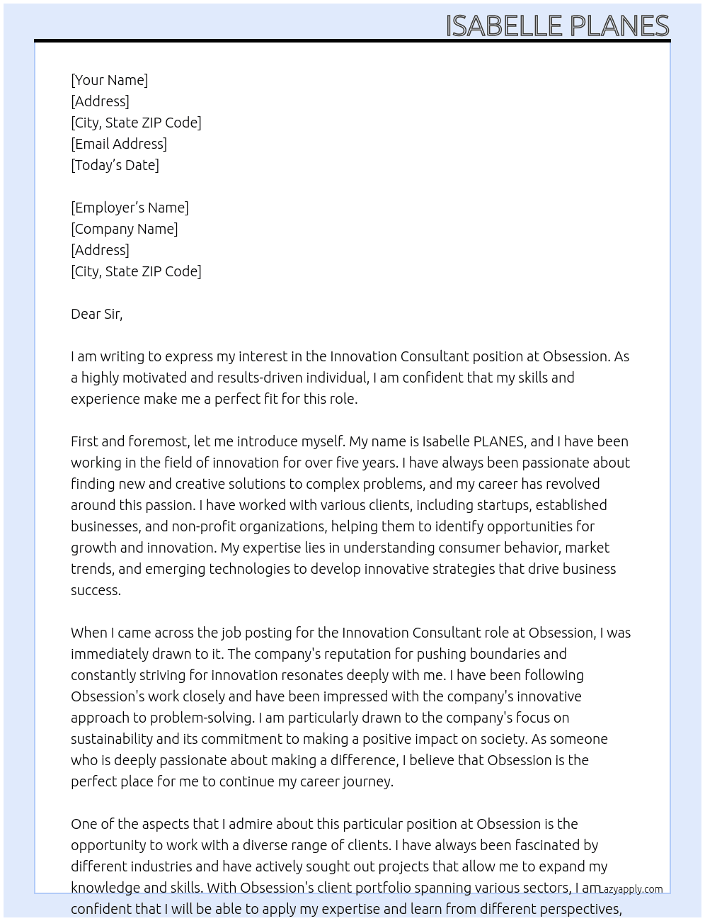 Innovation consultant At Obsession Cover Letter