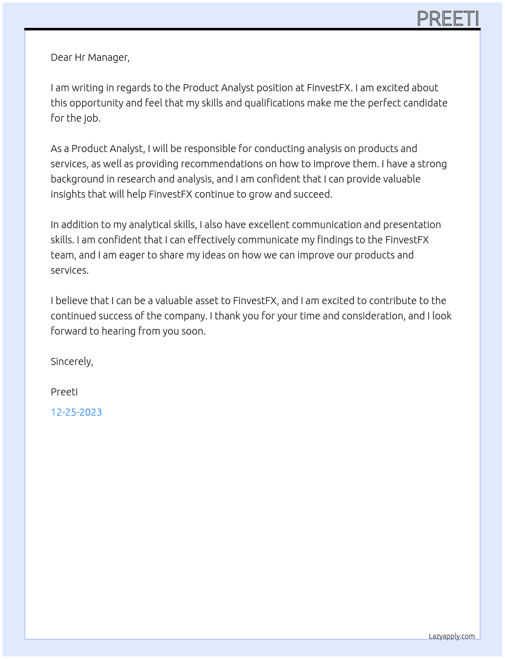 Product Analyst At FinvestFX  Cover Letter