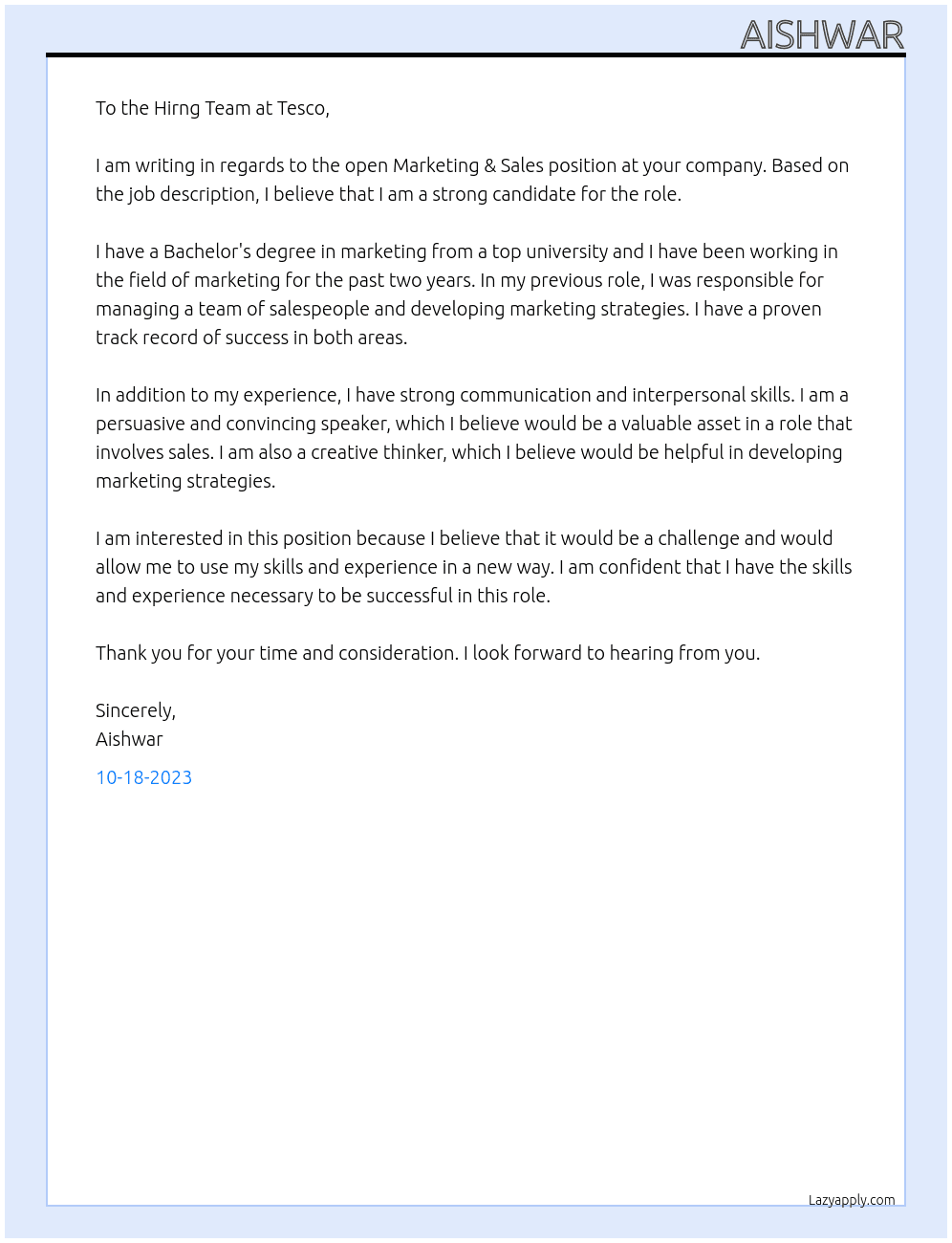 Marketing & sales At Tesco Cover Letter