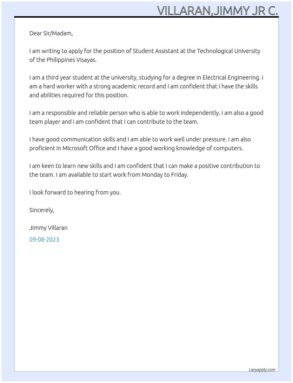 Student Assistant At Technological University of the Philippines Visayas Cover Letter