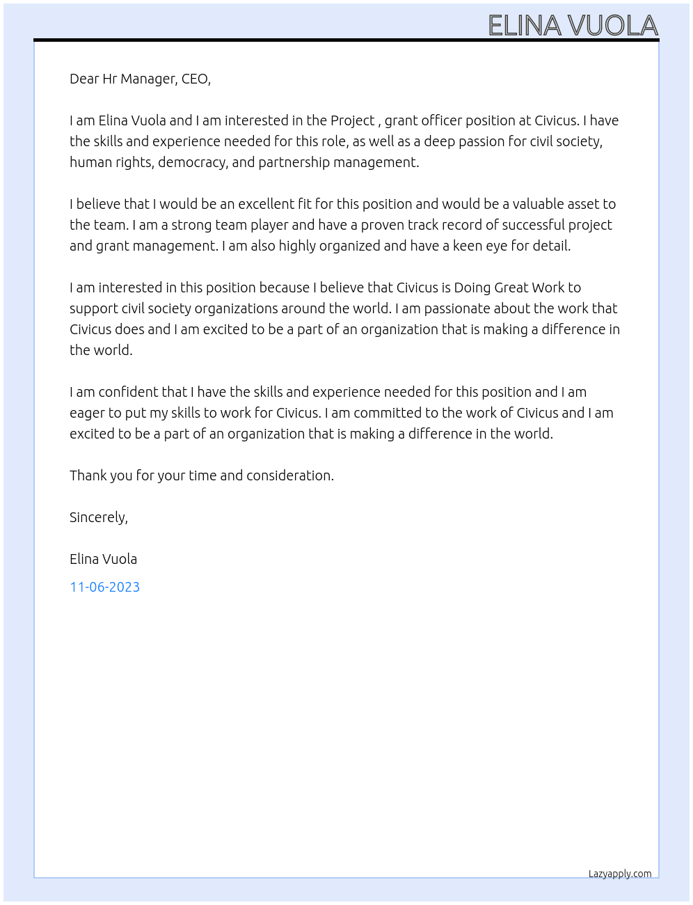 Project , grant officer At Civicus Cover Letter