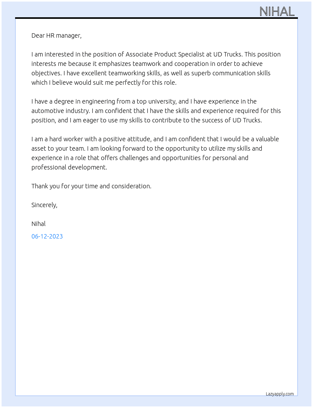 Associate Product Specialist  At UD Trucks Cover Letter