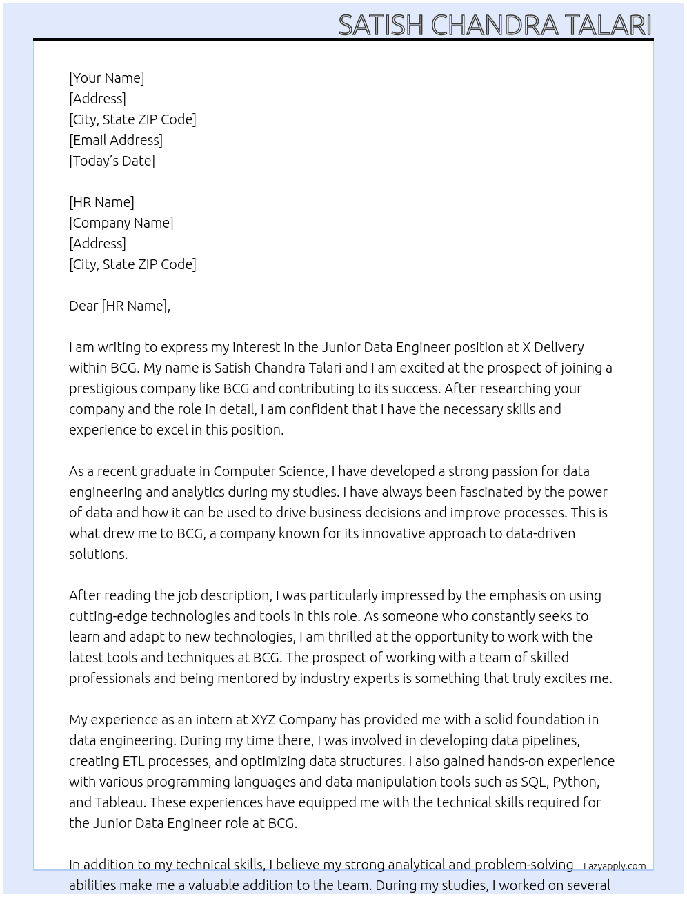 Junior Data Engineer - X Delivery At BCG Cover Letter