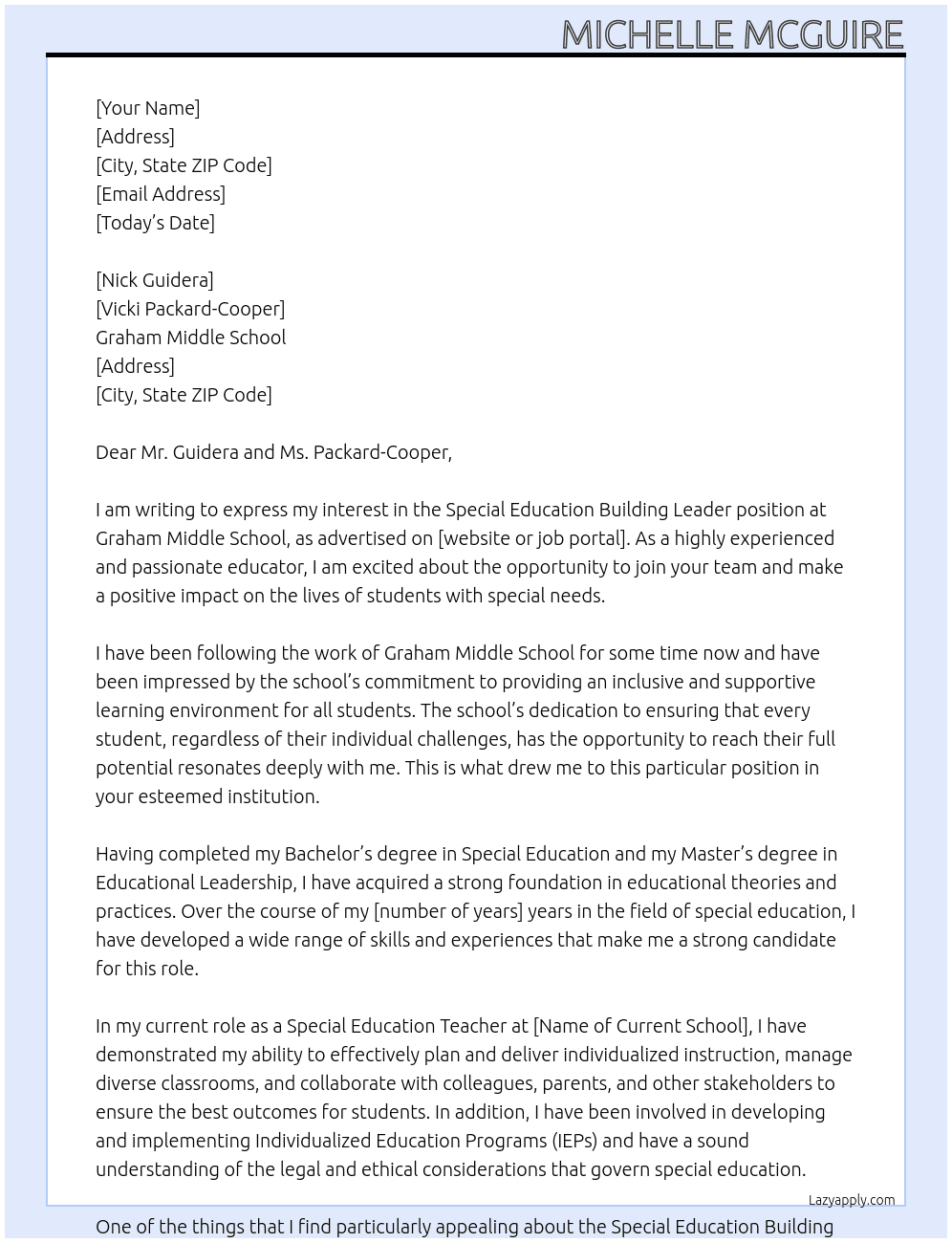 Special Education Building Leader At Graham Middle School Cover Letter