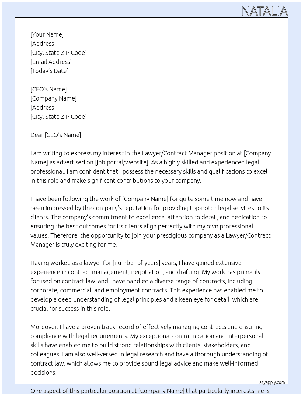 Lawyer/ Contract Manager At Private individual Cover Letter