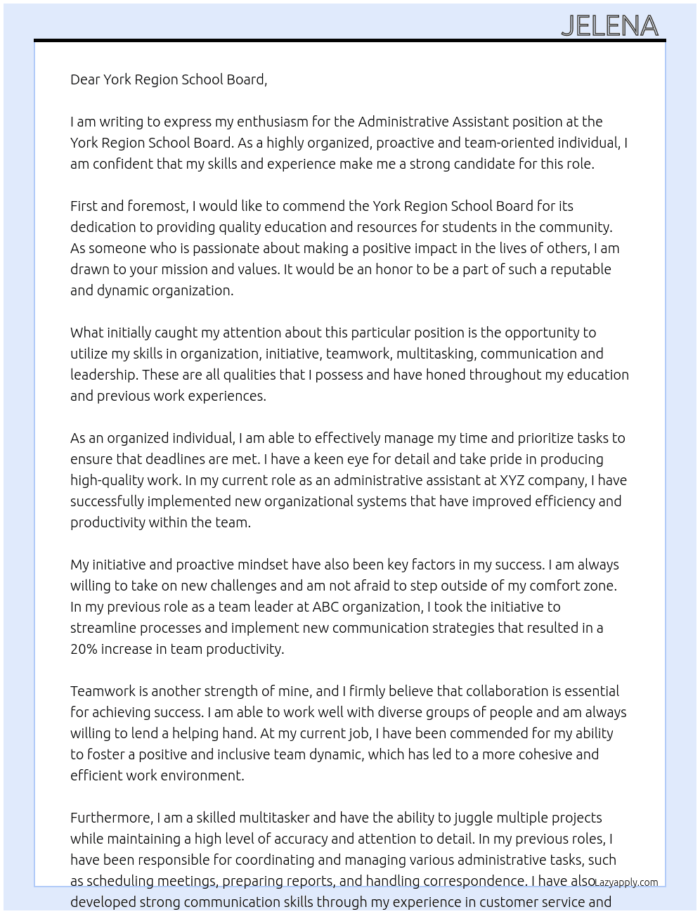Administrative Assistant  At York Region School Board  Cover Letter