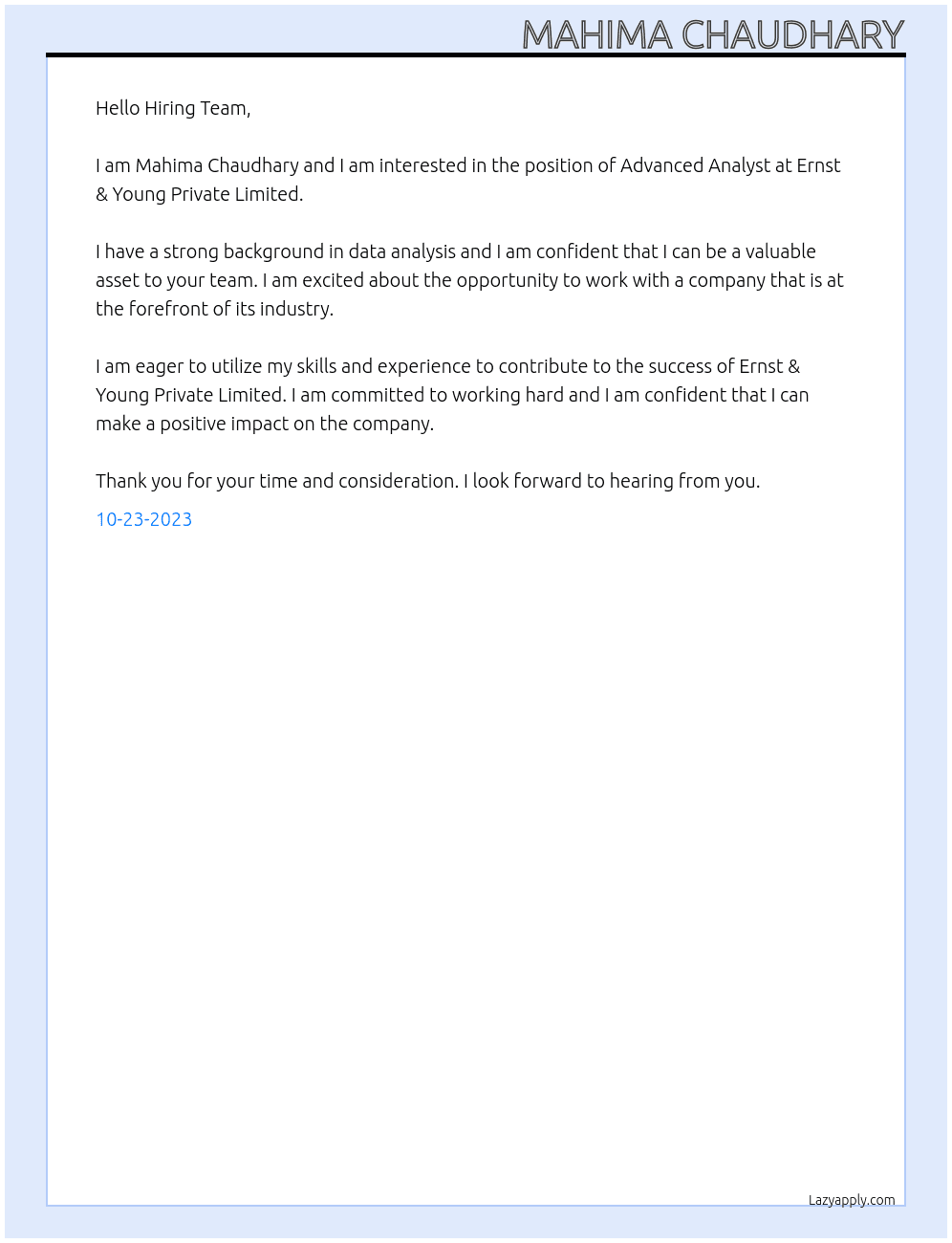Advanced Analyst At Ernst & Young Private Limited Cover Letter